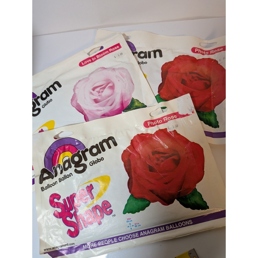 Vintage Anagram Super Shape Rose Mylar Balloons Lot of 3 Pink Red Floral 27in
